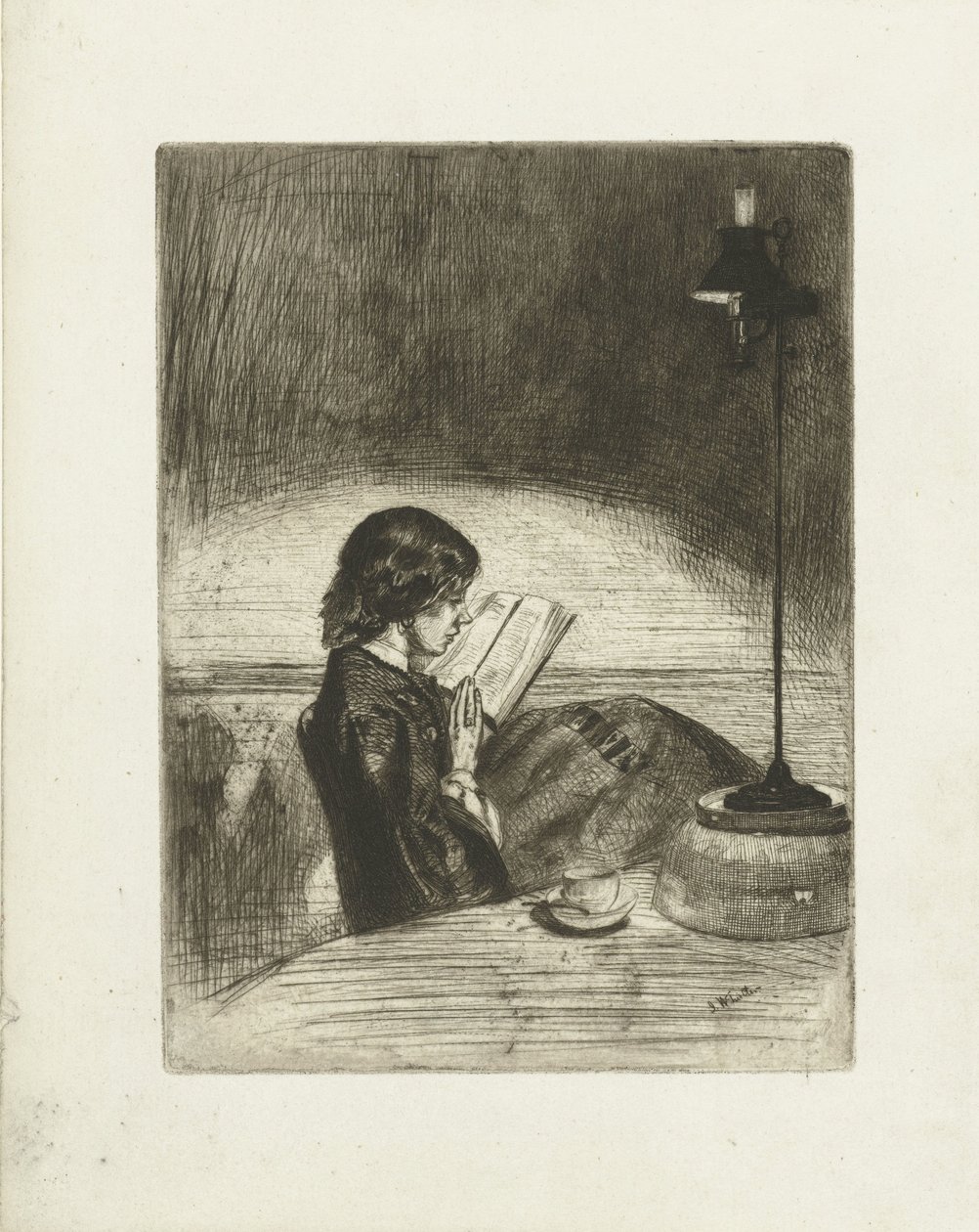 Portrett av Deborah Delano som leser Lesing med lampelys av James Abbott McNeill Whistler