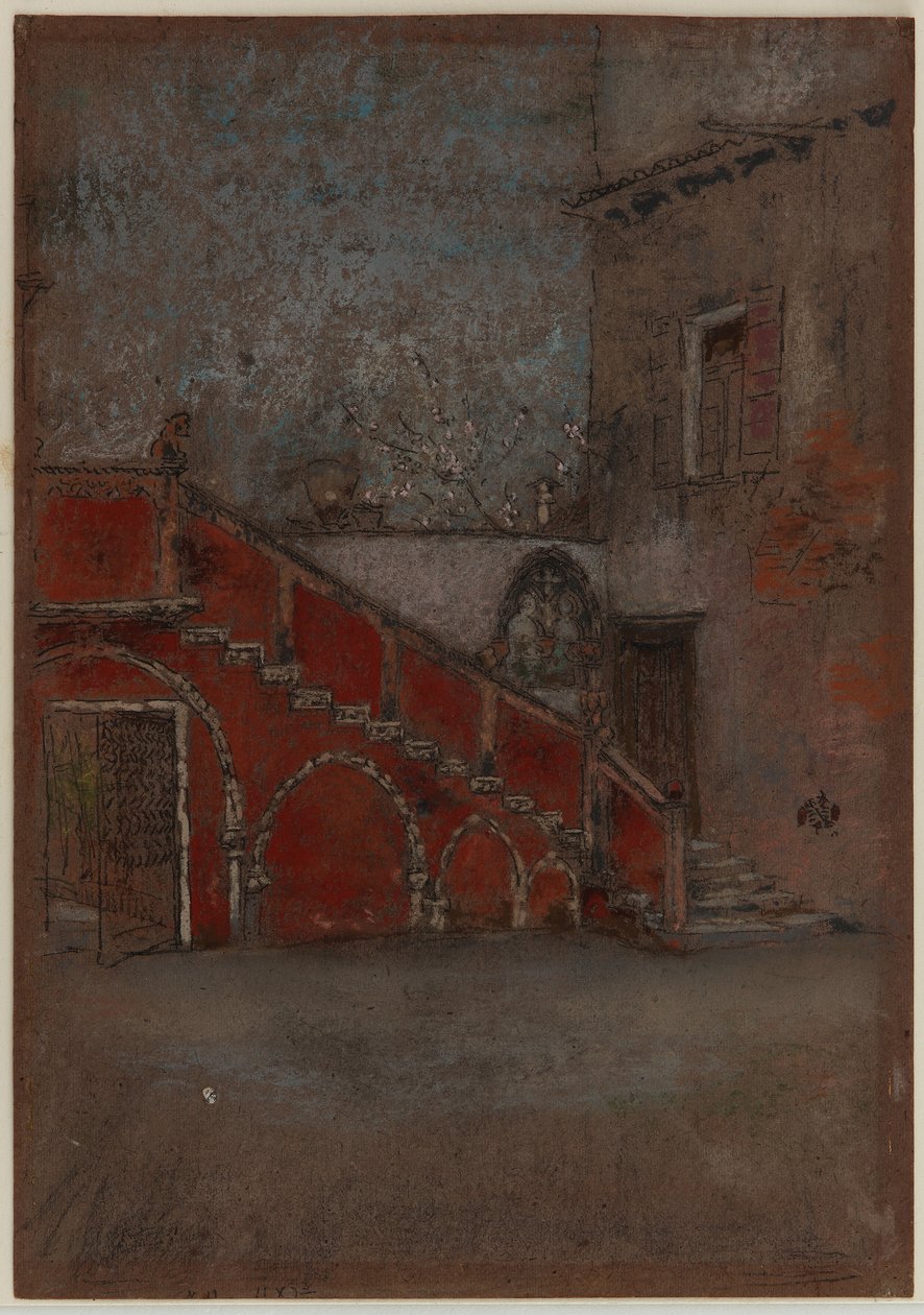 The Staircase: Note in Red, 1880 (fargestift og pastell på brunt papir) av James Abbott McNeill Whistler