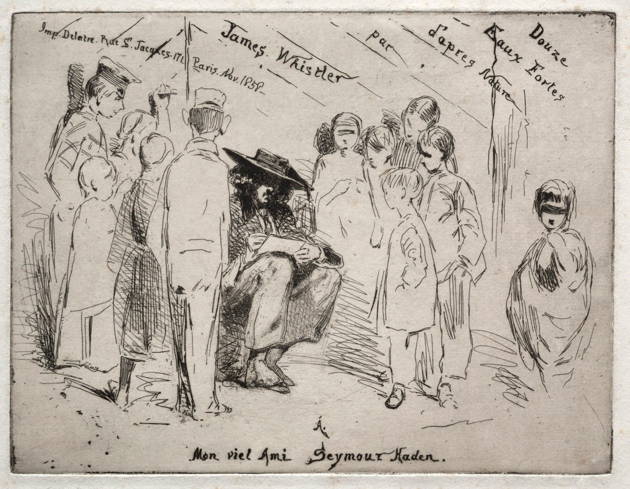 Tolv etsninger fra naturen: Tittelside - Delauney Sketching, 1858. av James Abbott McNeill Whistler