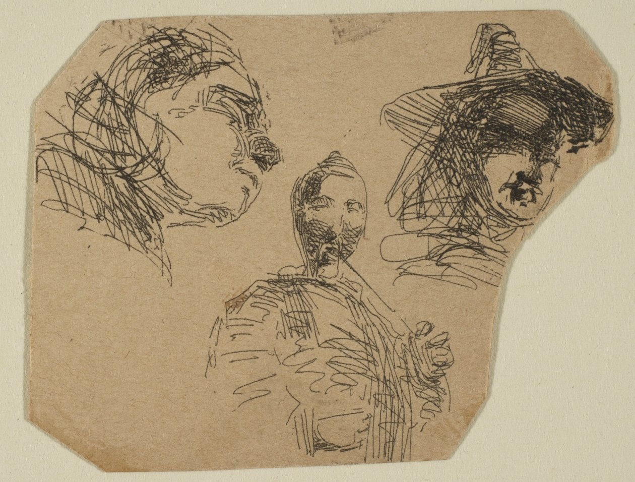 To kvinnelige hoder og stående figur fra skisser på kystundersøkelsesplaten, 1854-55. av James Abbott McNeill Whistler