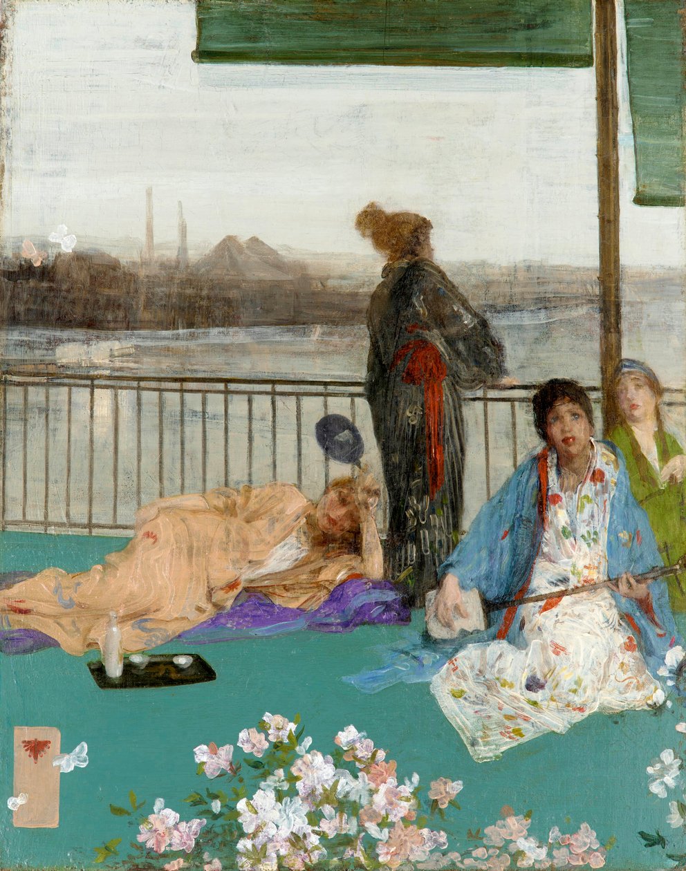 Variasjoner i kjøttfarge og grønn: The Balcony, ca. 1870 av James Abbott McNeill Whistler