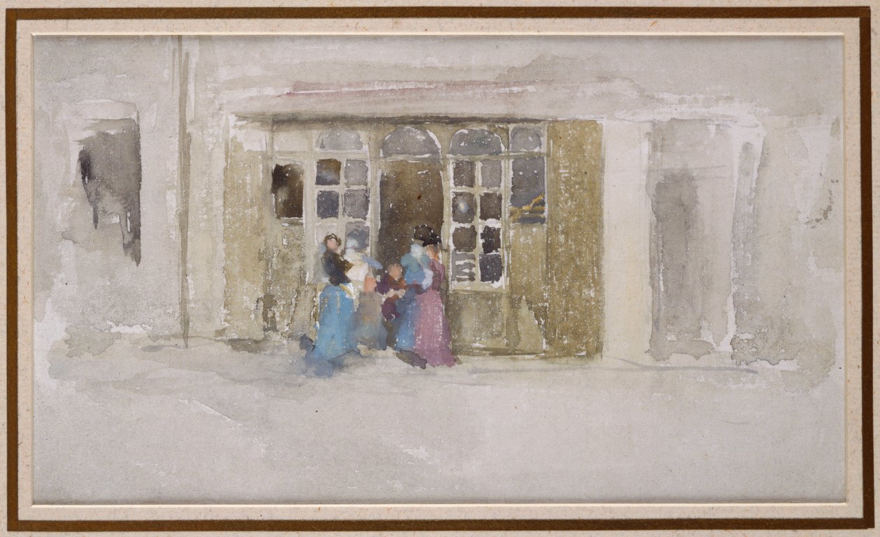 Kvinner og barn ved en butikkdør, ca. 1888 av James Abbott McNeill Whistler