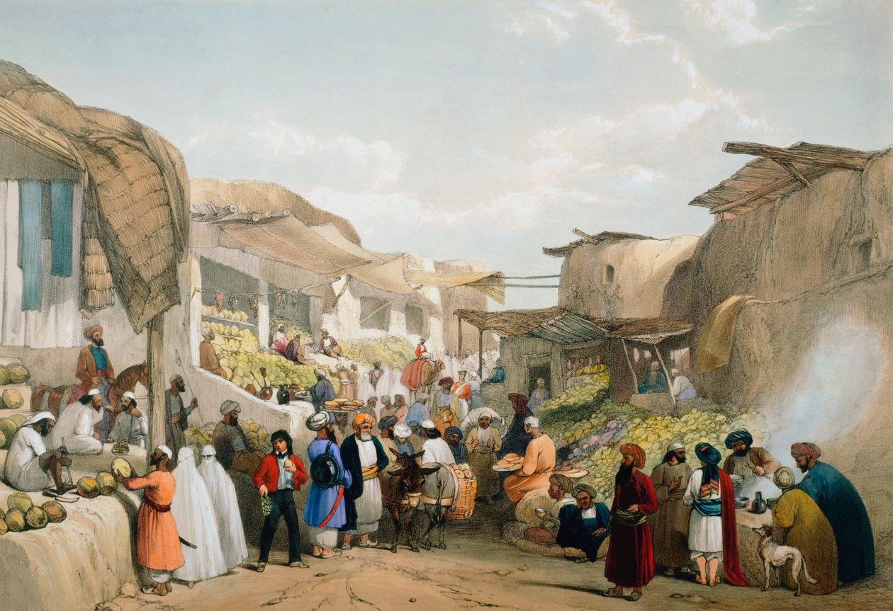 Basar i Kabul under fruktsesongen, første anglo-afghanske krig, 1838-1842 av James Atkinson