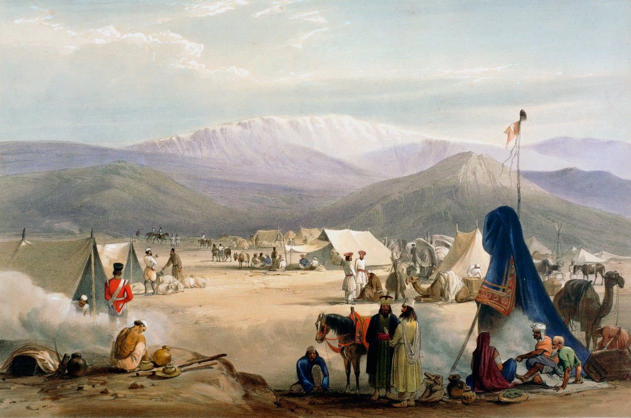 Britisk hærleir ved Dadur ved inngangen til Bolan-passet, første anglo-afghanske krig, 1838-1842 av James Atkinson
