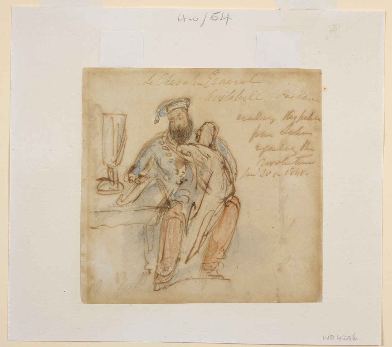 General Avitabile sitter ved et bord og leser, med en kvinne på kneet, muligens hans favoritt, Begum Peri av James Atkinson