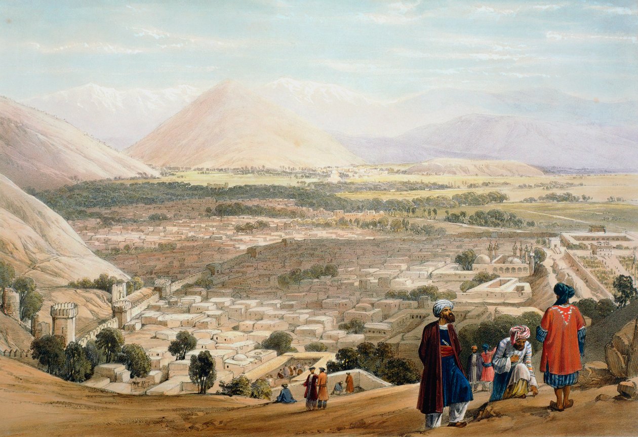 Kabul fra citadellet, viser den gamle bymuren, første anglo-afghanske krig 1838-1842 av James Atkinson