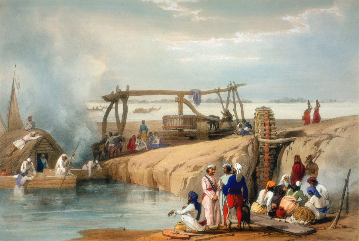 Persisk hjul som løfter vann fra Sutlej-elven, Punjab, 1842 av James Atkinson