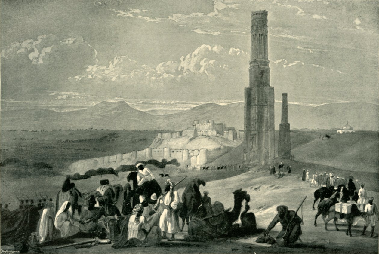 Festningen og citadellet til Ghazni og de to minarene, c1840, 1901. av James Atkinson