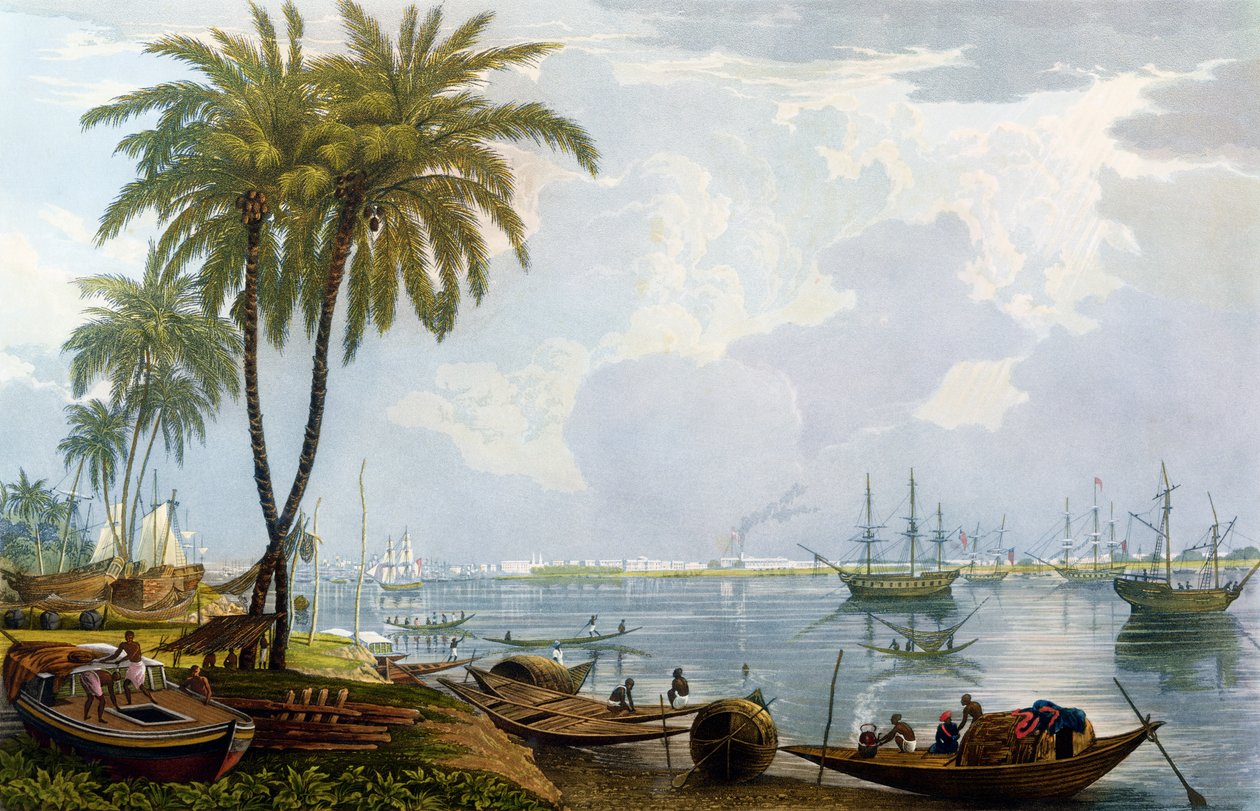En utsikt over Calcutta, fra et punkt motsatt av Kidderpore, 1837, gravert av Robert Havell den yngre (1793-1878) (akvatint) av James Baillie Fraser