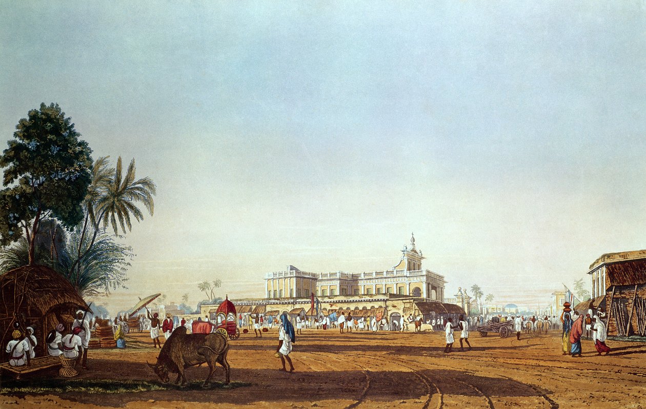 Lall Bazaar og det portugisiske kapellet, Calcutta, gravert av Robert Havell, pub. 1824 av James Baillie Fraser
