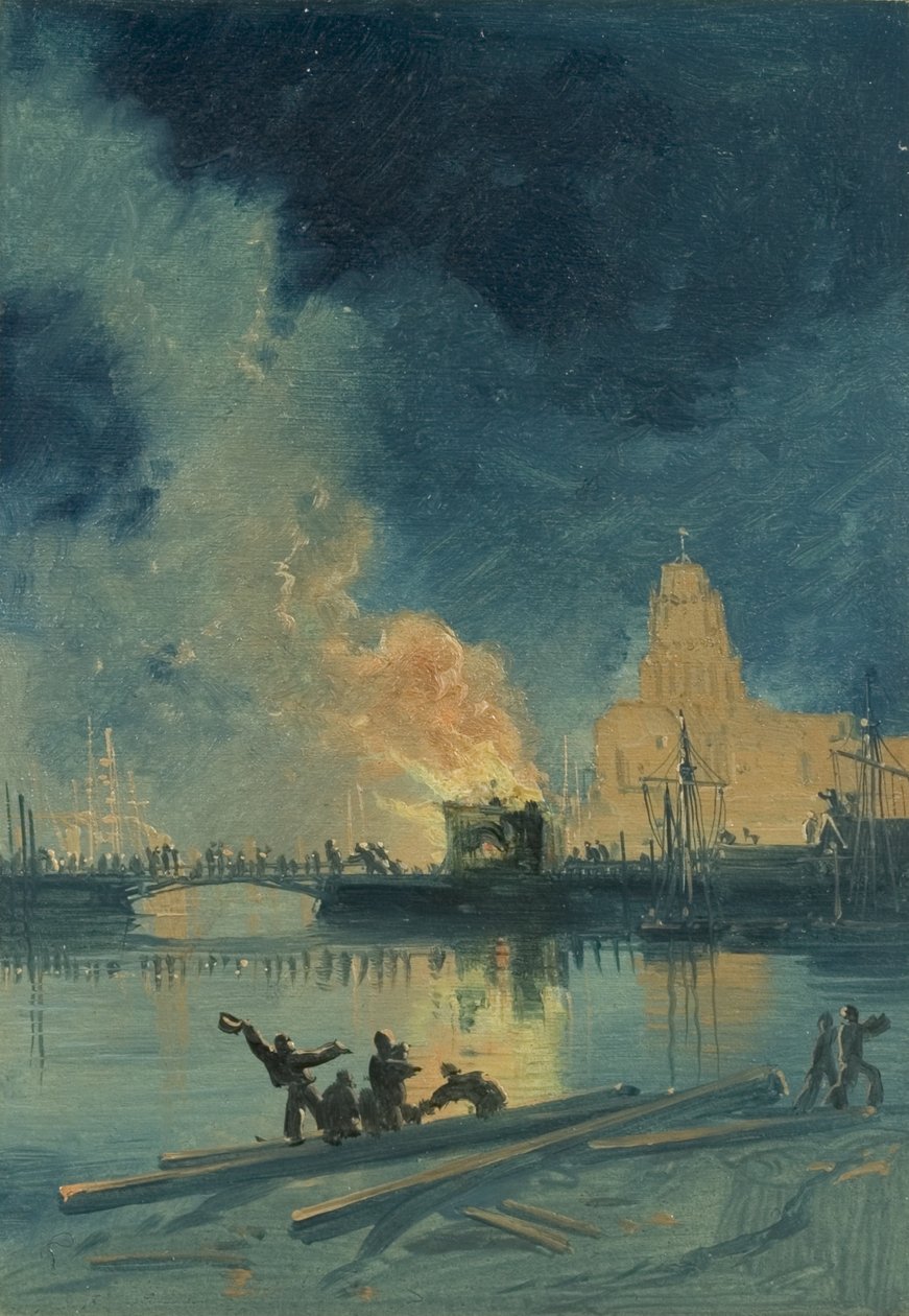 Bristol Riots: Burning Toll House on Prince Street Bridge, ca. 1832 (olje på papir) av James Baker Pyne