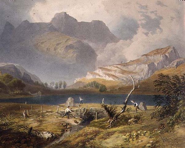 Langdale Pikes, detalj av tjernet, fra "The English Lake District", 1853 av James Baker Pyne
