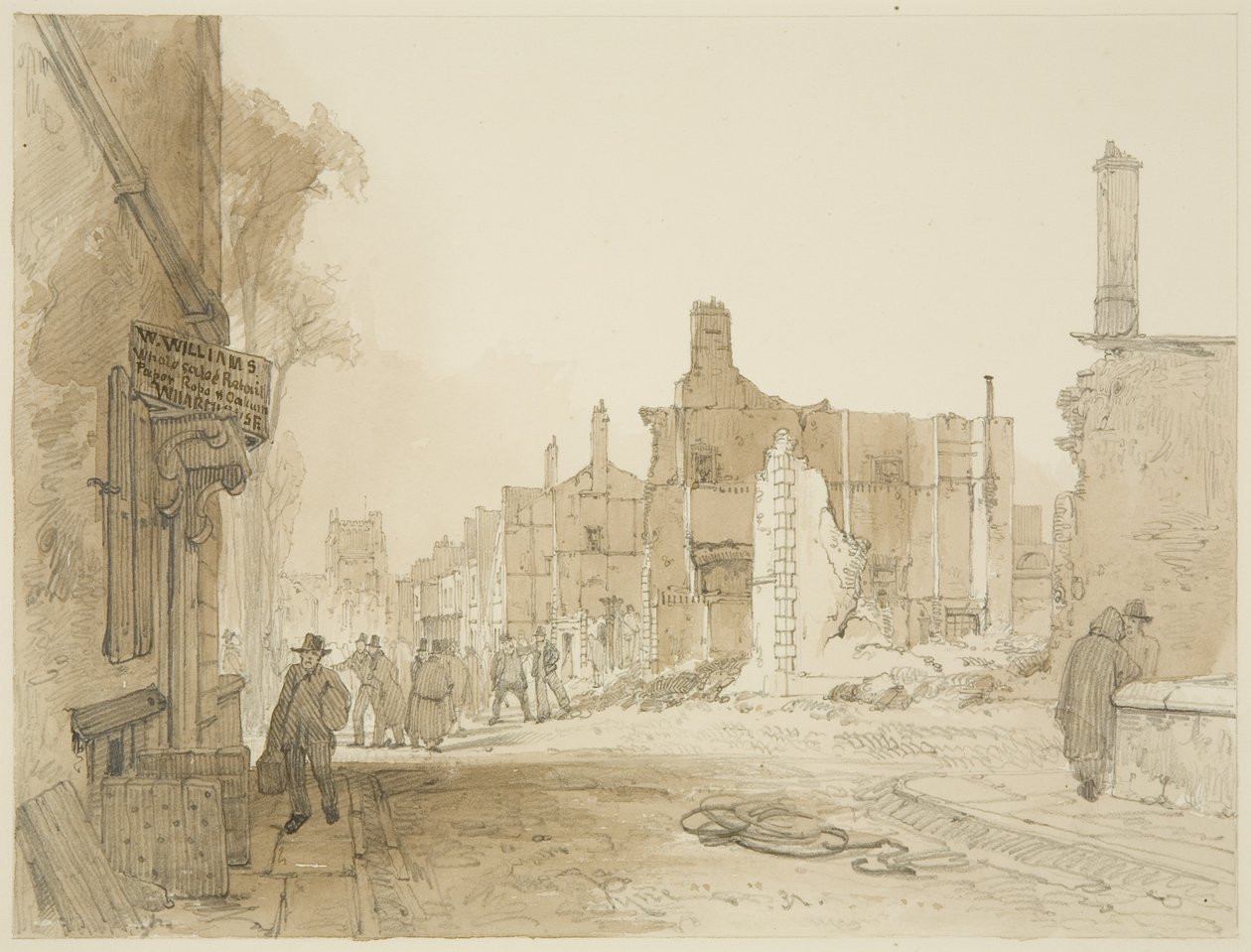 Ruinene av Mansion House og Custom House på Queen Square etter opptøyene (blyant og akvarell på papir) av James Baker Pyne
