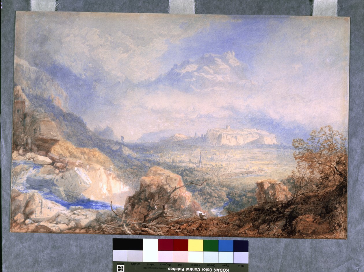 Rhônedalen med byen og citadellet i Sion, i Sveits (akvarell og gouache på off-white papir) av James Baker Pyne
