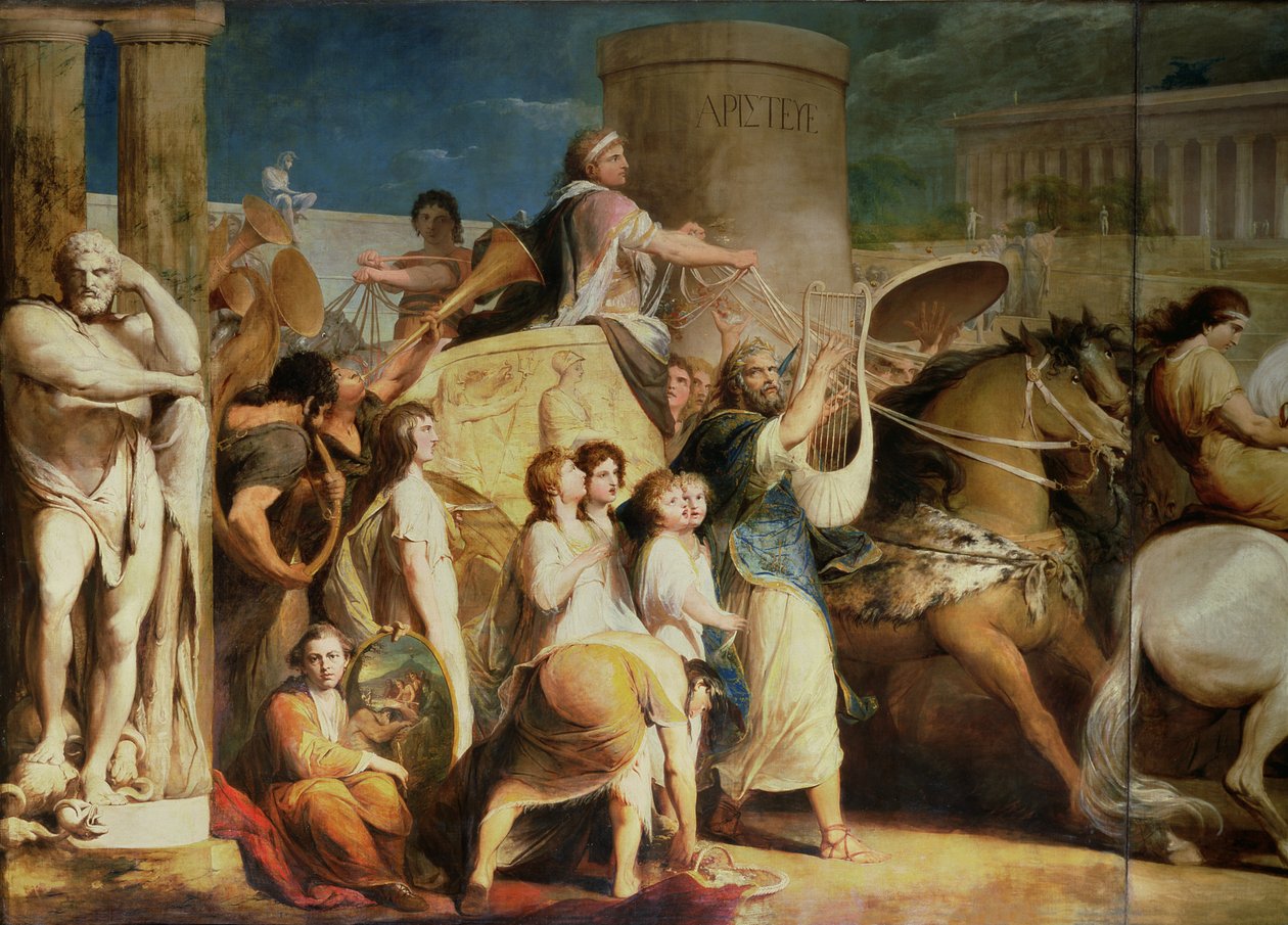 Crowning the Victors at Olympia, tredje i serien "The Progress of Human Culture and Knowledge", detalj om vognføreren, Hiero fra Syracuse og seierherrer, ca. 1777-84 av James Barry