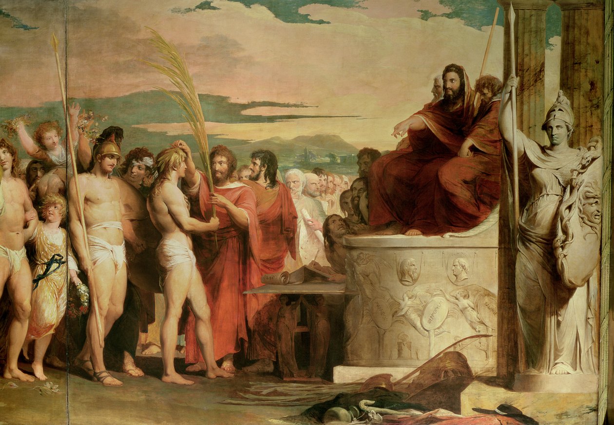 Crowning the Victors at Olympia, tredje i serien The Progress of Human Culture and Knowledge, detalj om seierherrene som ble kronet før Hellanodicae, ca. 1777-84 (se 101472, 10 av James Barry