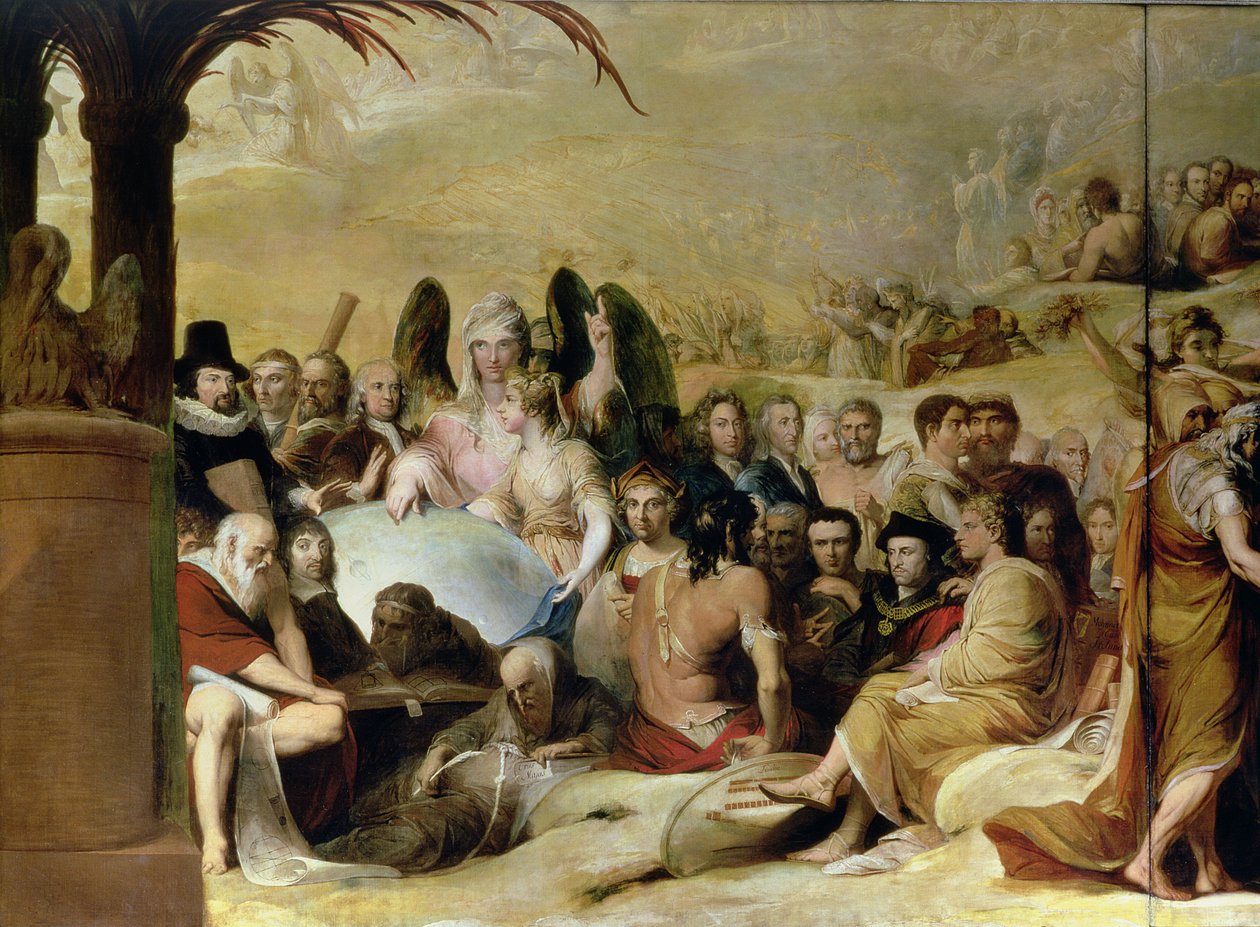 Elysium, eller The State of Final Retribution, sjette i serien av The Progress of Human Culture and Knowledge c.1777-84, detalj av forskere og filosofer som ser på kloden (se al. av James Barry