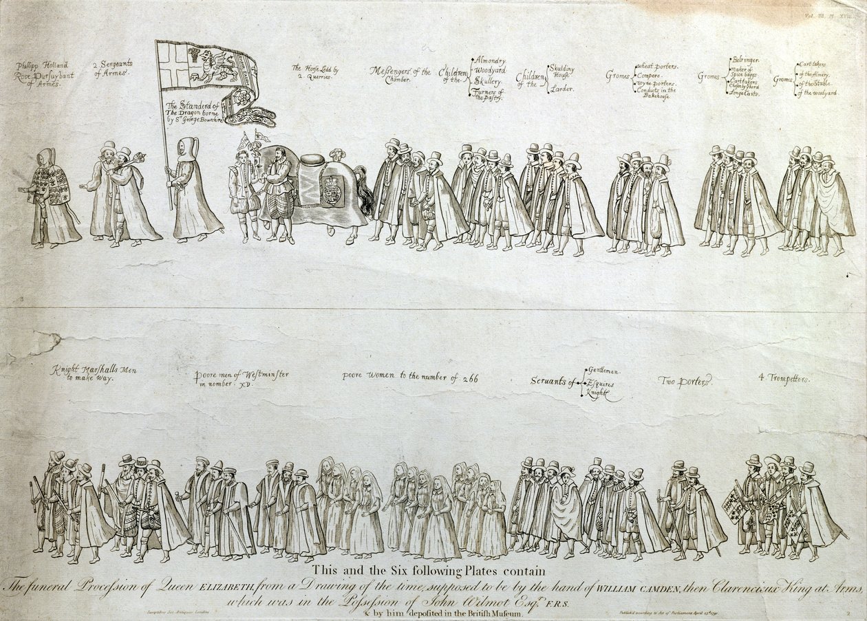 Dronning Elizabeth Is begravelsesprosesjon, fra en tegning fra den tiden som antas å være laget av William Camden, våpenkongen av Clarencieux, gravert av James Basire (1730-1802), utgitt 1791 (gravering) av James Basire
