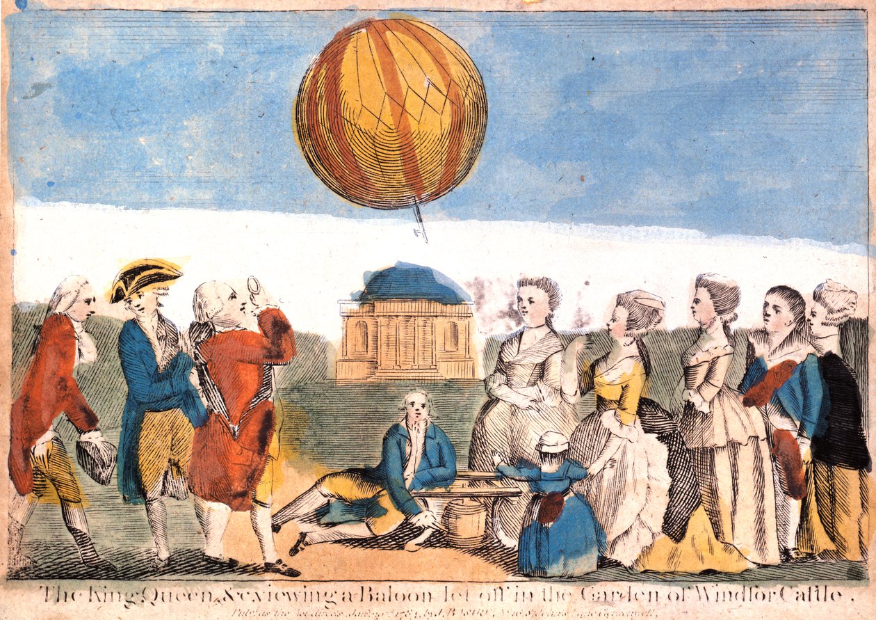 "Kongen, dronningen etc. ser på en ballong som slipper ut i hagen til Windsor Castle" av James Basire