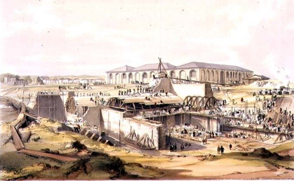 Building the Stationary Engine House, Camden Town, 28. april 1837, gravert av kunstneren av James Bourne