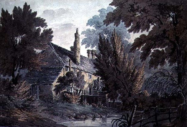 Landskap med hus ved en dam, 1800-tallet av James Bourne
