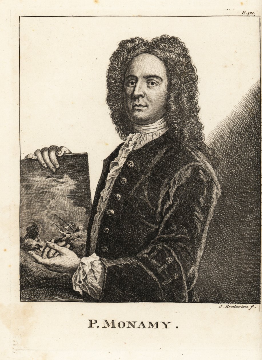 Portrett av Peter Monamy, engelsk marinemaler som holder en maritim scene av James Bretherton