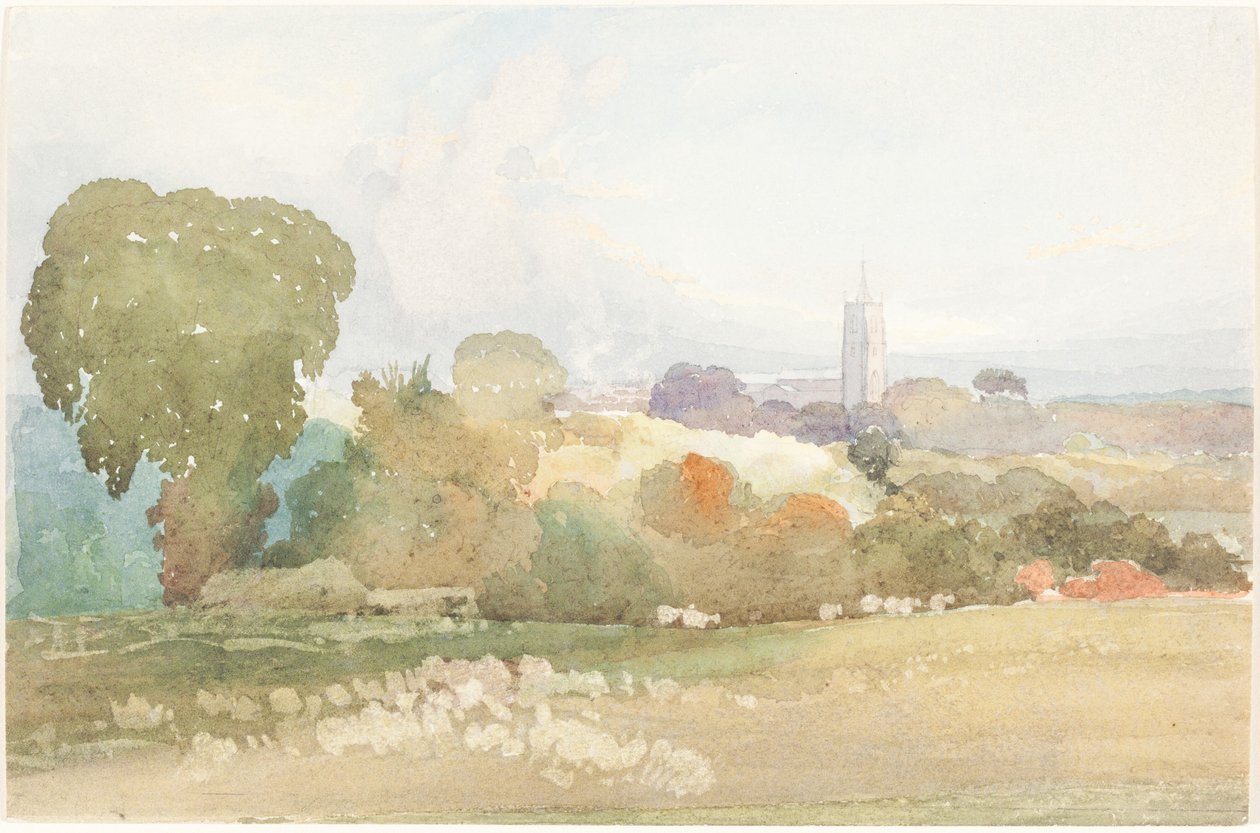 Landskap med kirketårn, 1828. av James Bulwer