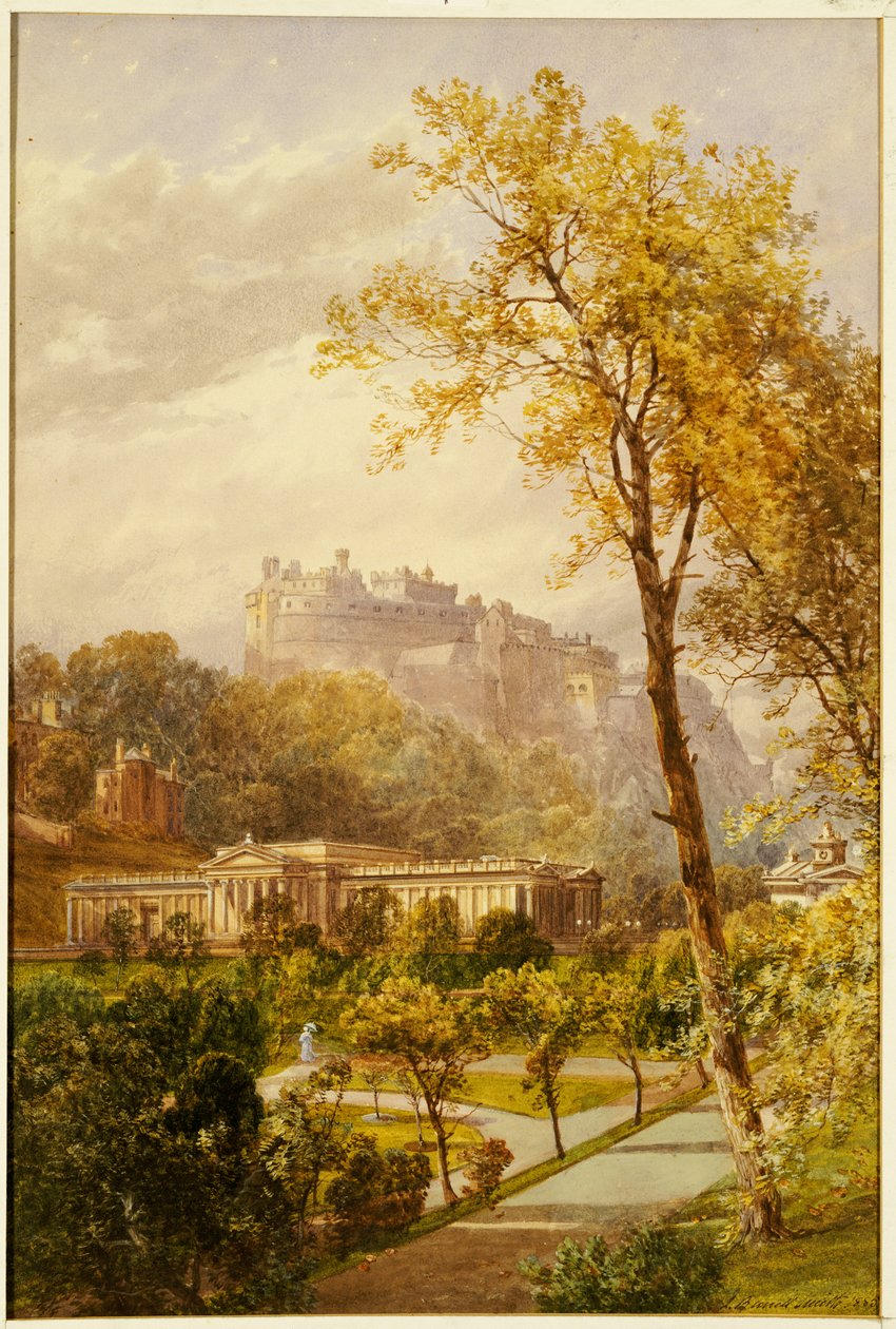 En utsikt over Princes Street Gardens og National Gallery, Edinburgh, med utsikt vestover mot slottet, 1855 av James Burrell Smith