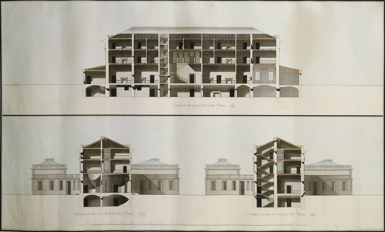 Design for et nyklassisk hus for Lord Charleville: tre seksjoner av James Byres