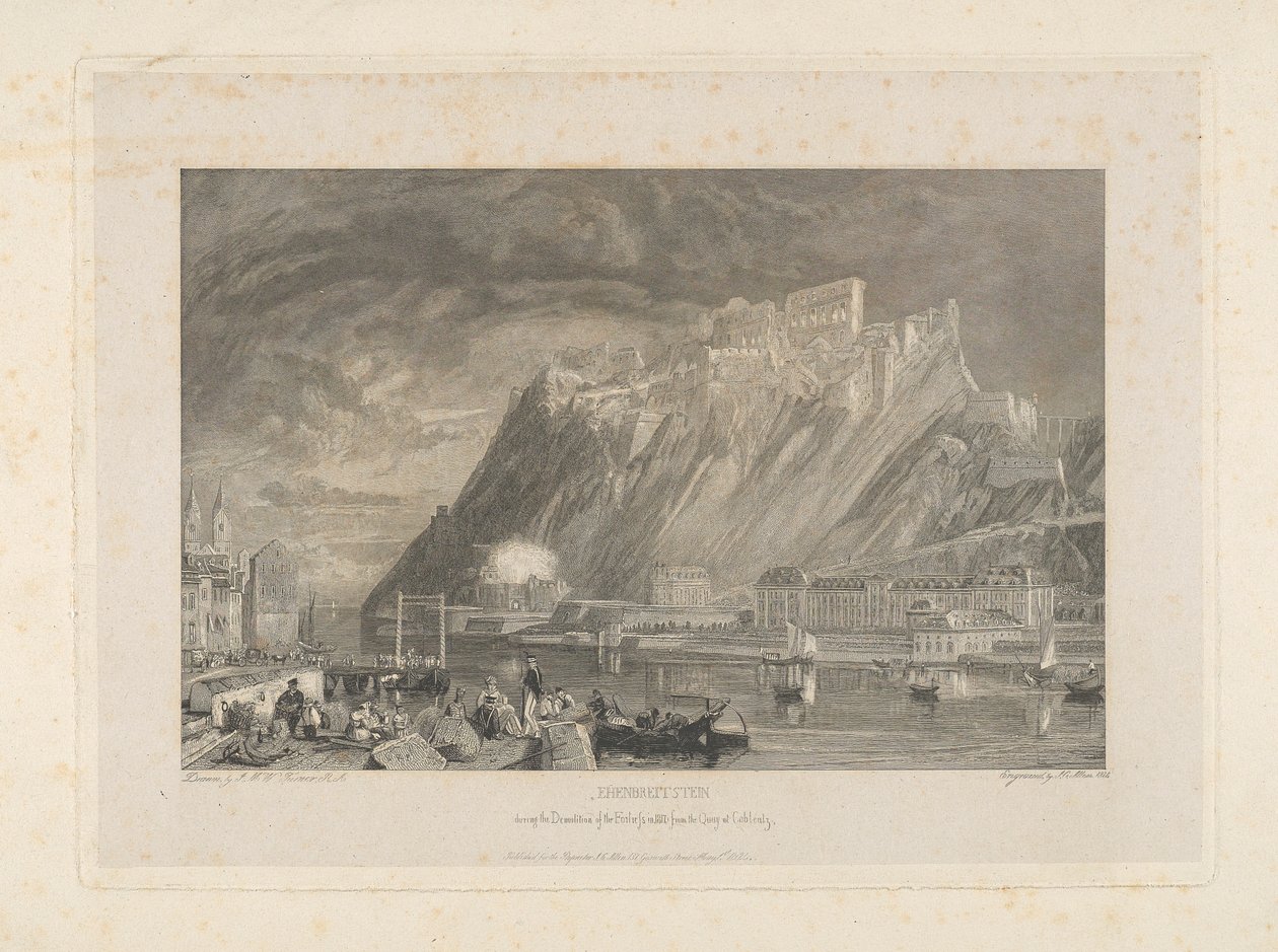 Ehenbreitstein, under rivingen av festningen i 1817 fra kaien i Coblentz. av James C. Allen