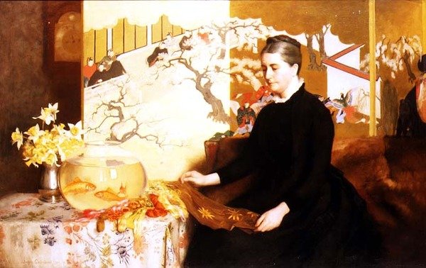 Dame med japansk skjerm og gullfisk (portrett av kunstnerens mor) av James Cadenhead