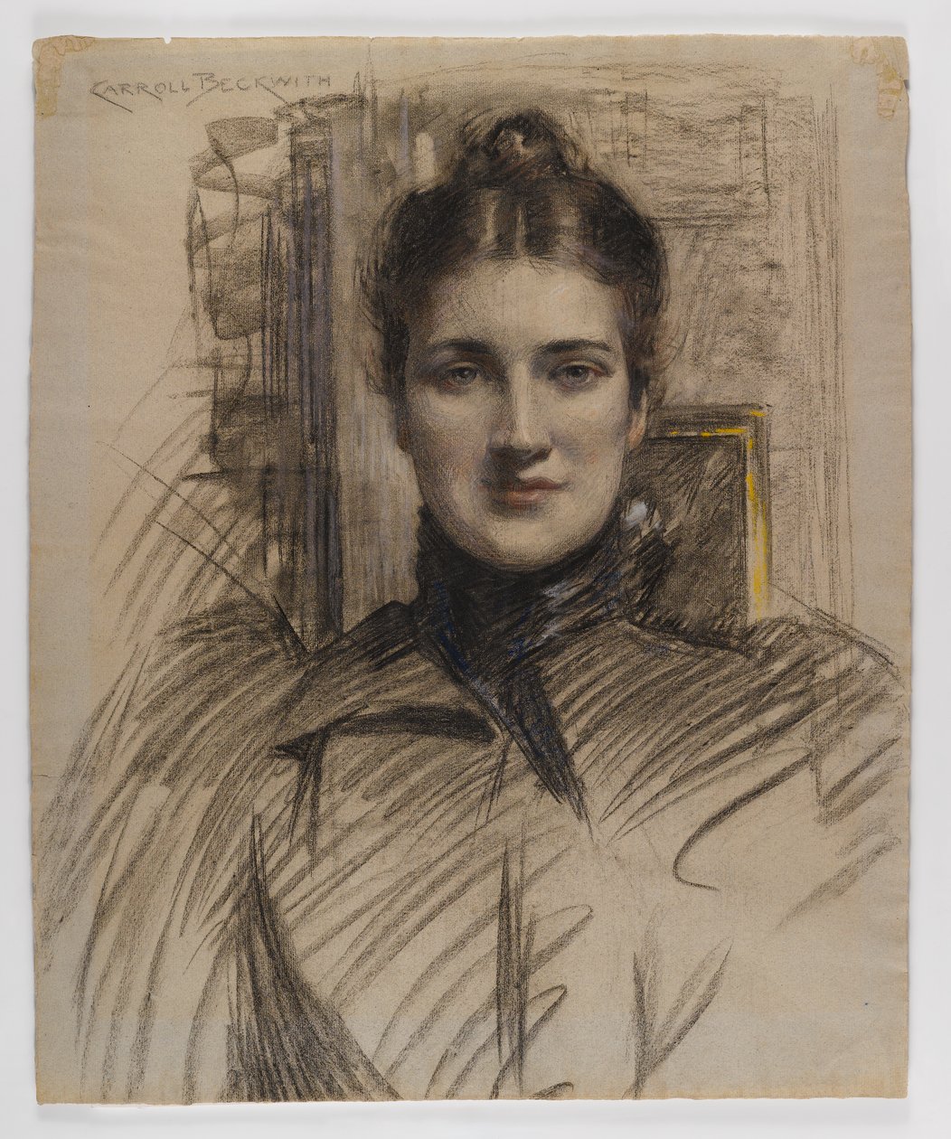 Portrett av Minnie Clark, 1890-tallet (kull med farget blyant eller pastell på gråblått papir) av James Carroll Beckwith