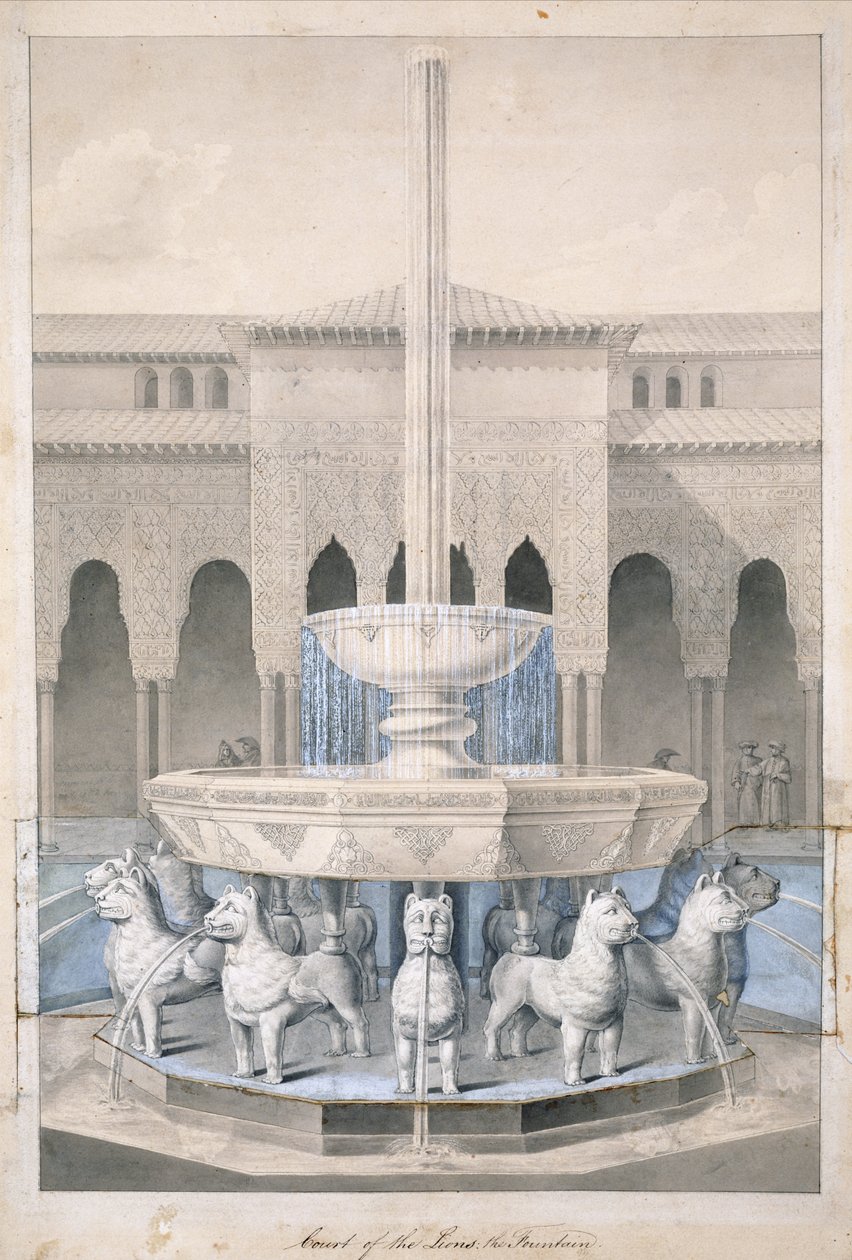 Fountain in the Court of the Lions, Alhambra, fra The Arabian Antiquities of Spain, utgitt 1815 (håndfarget gravering) av James Cavanagh Murphy