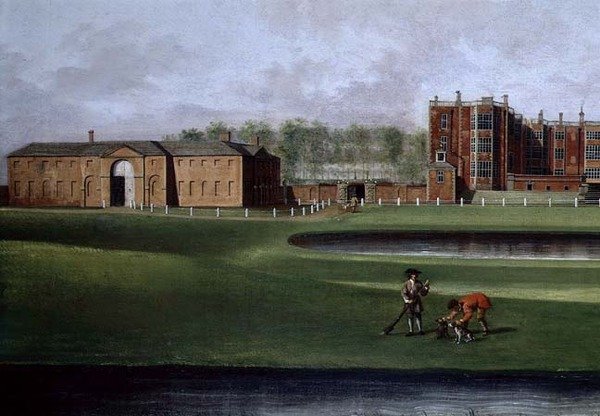 Utsikt over Temple Newsam House, detalj av rideskolen, ca. 1750 (olje på lerret) (se også 128852) av James Chapman