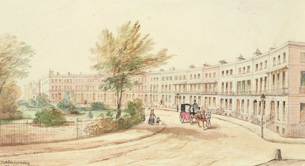 Royal Crescent, Cheltenham, ca. 1850 (wc på papir) av James Charles Oldmeadow