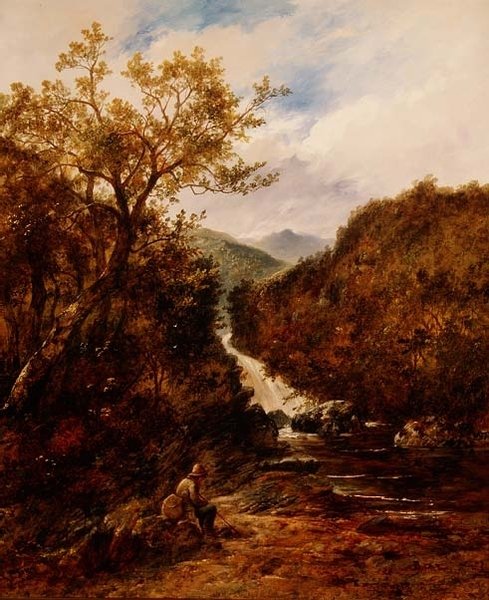 Fisker ved en skogkledd foss av James Charles Ward