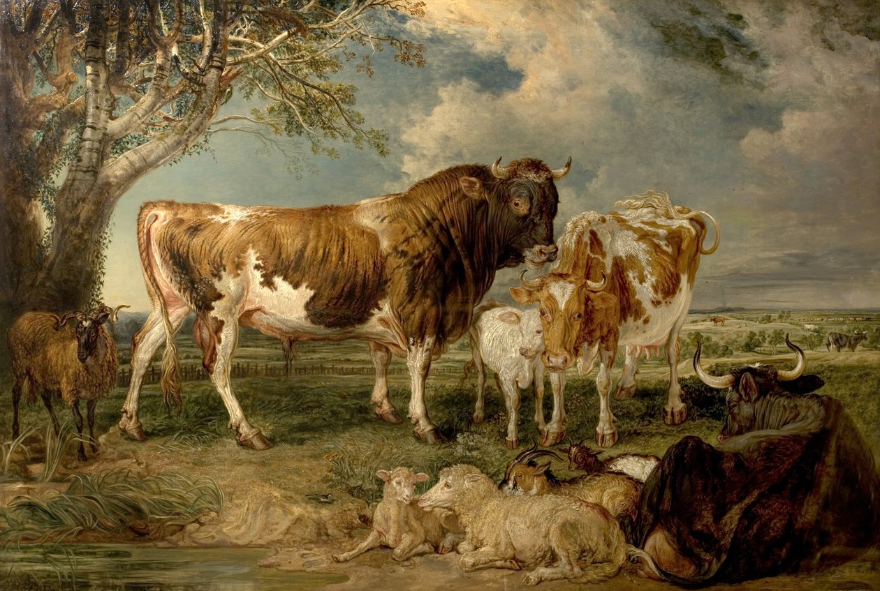 Okse, ku og kalv i et landskap, 1837 av James Charles Ward