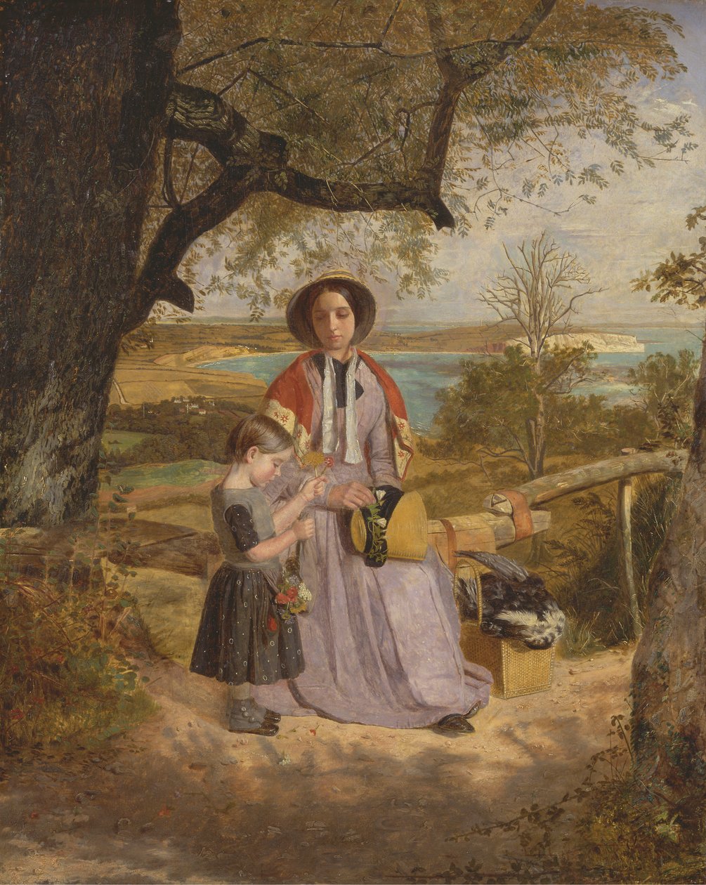 Mother and Child by a Stile, med Culver Cliff, Isle of Wight, i det fjerne av James Collinson