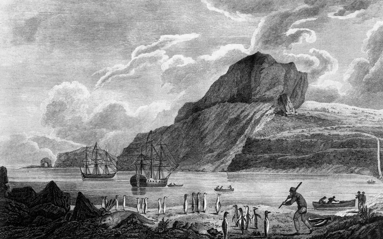 Kerguelen-øya, utsikt over Christmas Bay, tegning av William Hodges, gravering av William Watts, illustrasjon fra Voyage to South Pole, and Round World, av James Cook (1728-1779), utgave utgitt i Paris i 1778 av James Cook