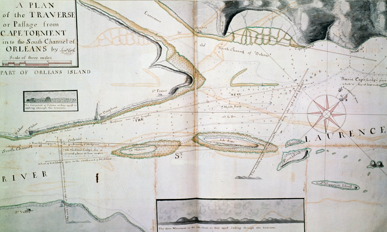 Kart over kryssinger på Saint Lawrence River nær Quebec, nær øya Orleans, kart tegnet av James Cook (1728-1779) mellom 1758-1763, Canada av James Cook