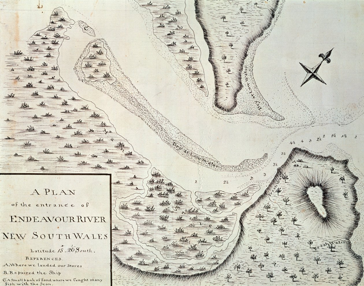 Kart over inngangen til Endeavour River, kart fra beretningen om den første turen ledet av James Cook (1728-1779) mellom 1768 og 1771, Australia av James Cook