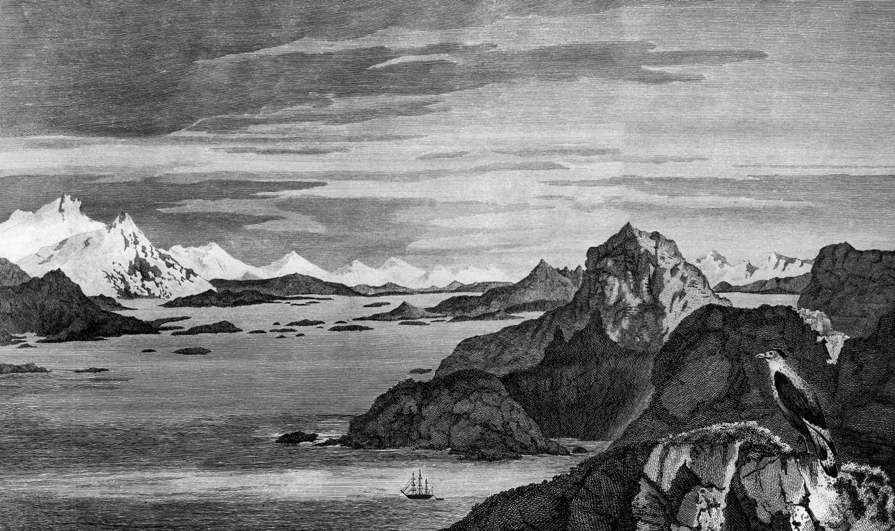 View of Christmas Sound, Tierra del Fuego, tegning av William Hodges, gravering av William Watts, illustrasjon fra Voyage to South Pole, and Round World, av James Cook (1728-1779), utgave utgitt i Paris i 1778 av James Cook