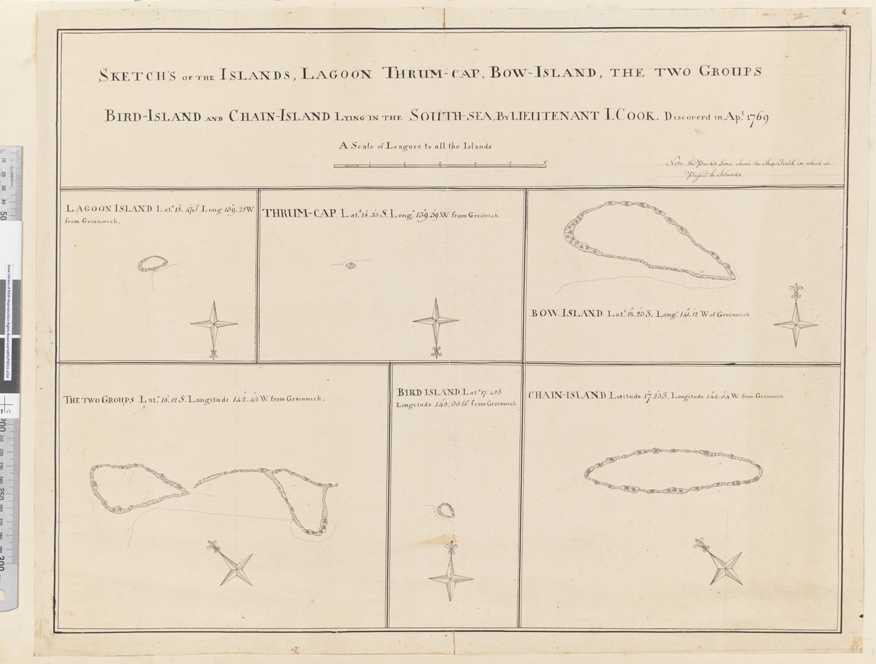 iii. Skisser av øyene Lagoon, Thrum-Cap, Bow-Island, de to gruppene, Bird Island og Chain Island, som ligger i sør, Sea... oppdaget i Apl 1769 av James Cook