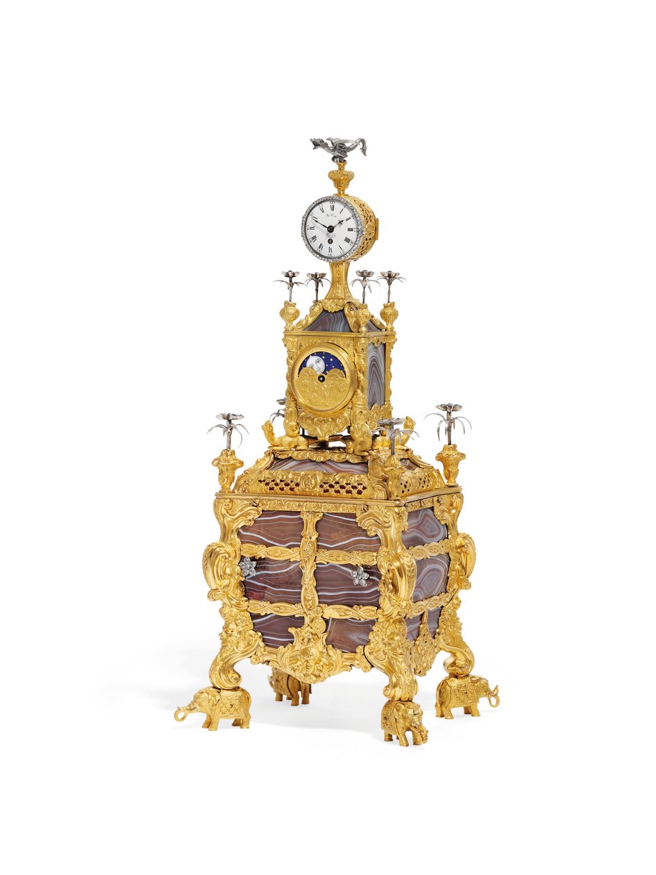 George III musikalsk urbordklokke, ca. 1766 (ormolu, sølv og agat) (se også 1860) av James Cox