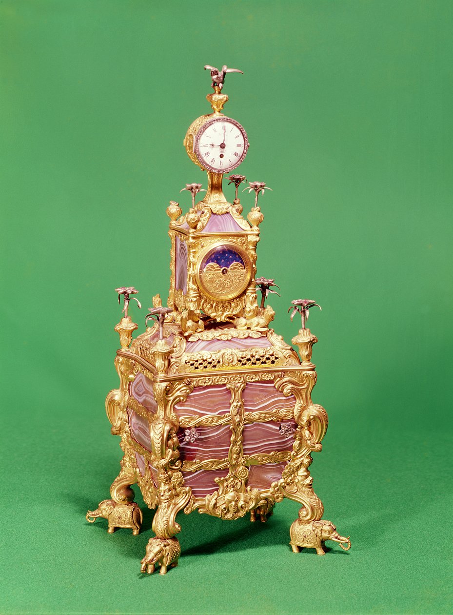 George III musikalsk urbordklokke, ca. 1766 (ormolu, sølv og agat) (se også 829810) av James Cox