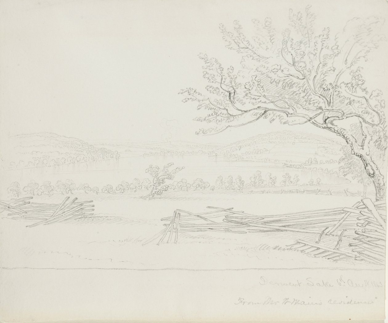 Derwent Lake fra Mr. W. Mains Residence, 1843 (grafitt på kremvevd papir) av James David Smillie