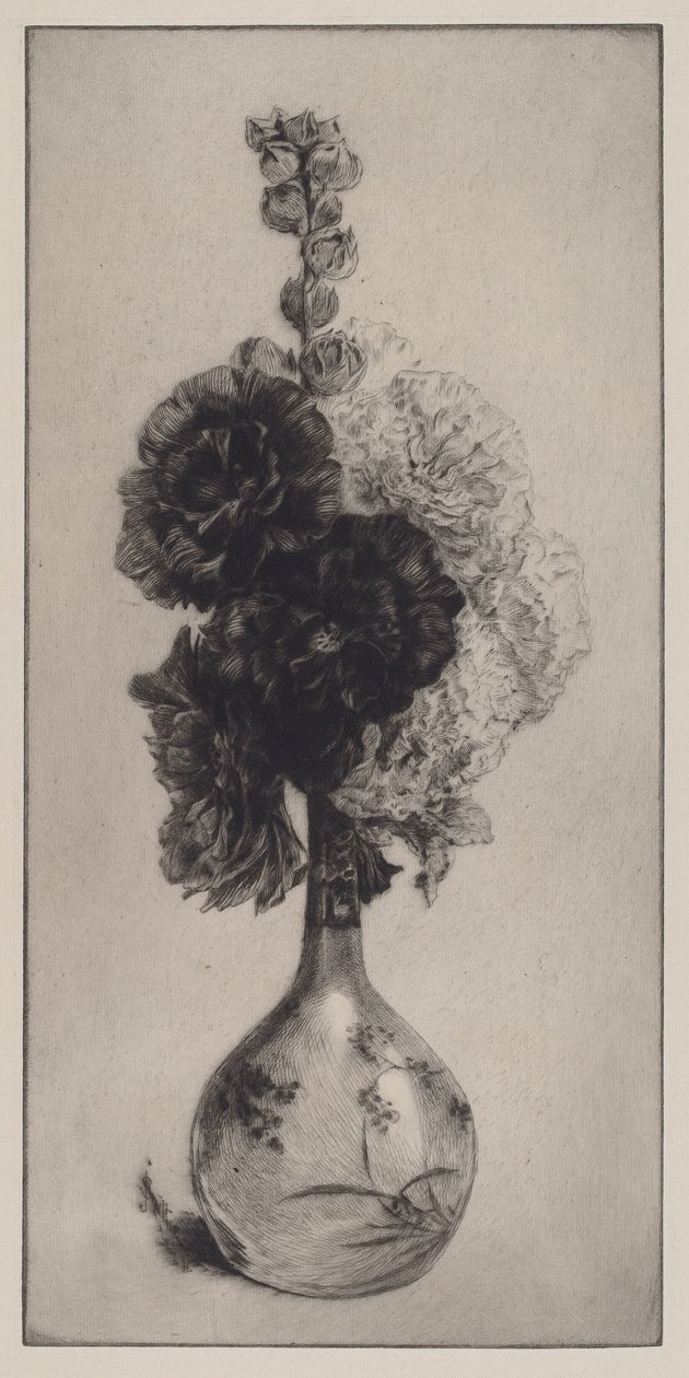 Stokroser i en langhalset vase av James David Smillie