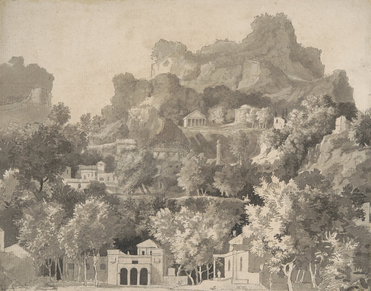 Steinete landskap med klassiske bygninger, ca. 1745 (penn og blekk med vask på papir) av James Deacon
