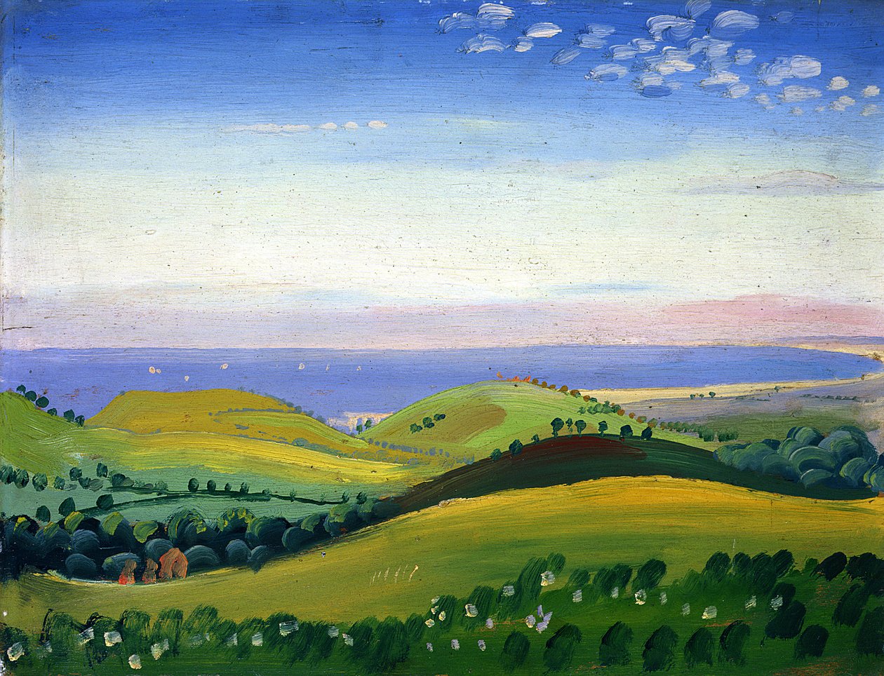 Utsikt fra White Hart, Guestling, Sussex, ca. 1911-12 (olje på panel) av James Dickson Innes