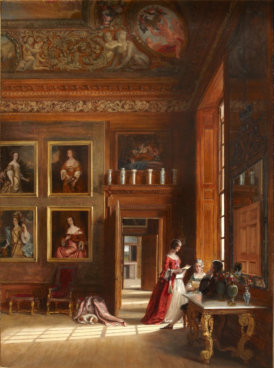 En romantisk utsikt over King's Great Bedroom med en gruppe mennesker i 1600-tallsdrakt, ca. 1703-05 (olje på lerret) av James Digman Wingfield